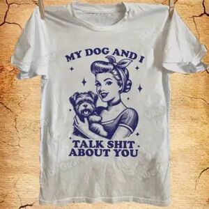 Vintage Style White and Blue Dog Graphic T-Shirt